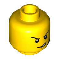 Lego Minifig Head, Angry Eyebrows and Scowl with Open Mouth, Headset, White Pupils Print / Yellow