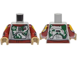 Torso SW Mandalorian Dark Green Armor with Silver Emblem and Battle Damage, Dark Red Rectangle Pattern / Dark Red Arms with Armor Pattern / Dark Tan Hands