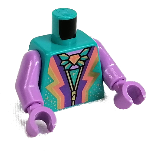 Lego Torso Shirt, Dark Purple, Coral, and Gold Design, Zipper, Jewel Necklace print, Medium Lavender Arms and Hands / Dark Turquoise