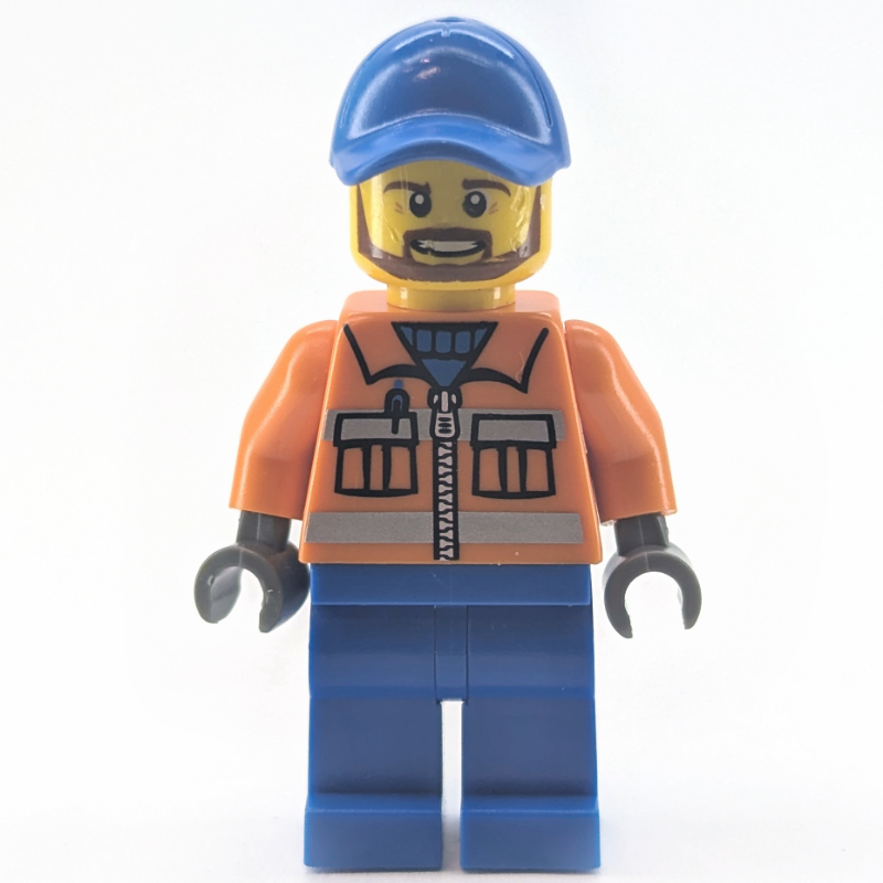 Lego Worker - Orange Torso, Blue Legs, Blue Cap, Reddish Brown Beard