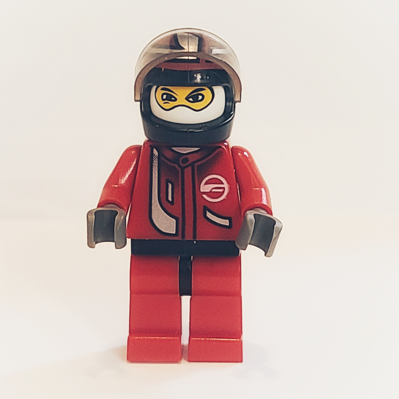 Lego Race Driver, Red Torso, Red Legs, Black Helmet, Zonic