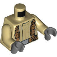Lego Torso Jacket, Medium Nougat Utility Shoulder Straps and Belt with Silver Buckle Print, Tan Arms, Dark Bluish Gray Hands / Tan
