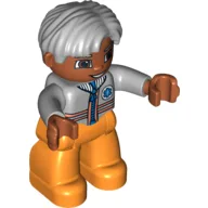 Duplo Figure Side Parted Hair Gray, with Orange Legs, Light Bluish Gray Top with Zipper and Stripes Print (Medic) / Light Bluish Gray