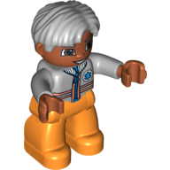 Lego Duplo Figure Side Parted Hair Gray, with Orange Legs, Light Bluish Gray Top with Zipper and Stripes Print (Medic) / Light Bluish Gray