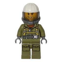 Volcano Explorer, Man, Olive Green Jumpsuit with Straps, White Hard Hat with Visor, Breathing Apparatus, Airtanks, Stubble