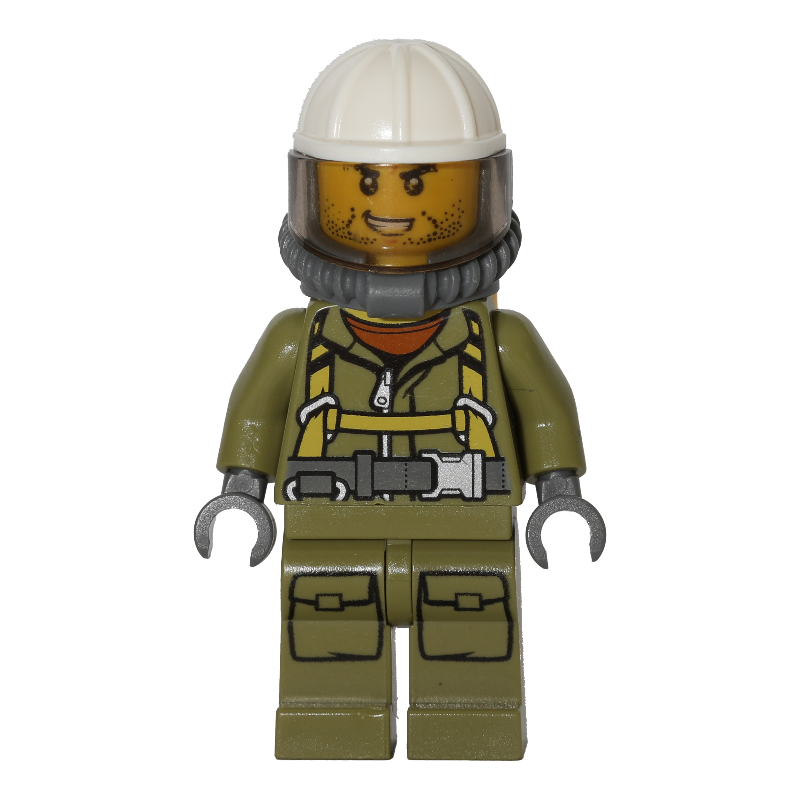 Lego Volcano Explorer, Man, Olive Green Jumpsuit with Straps, White Hard Hat with Visor, Breathing Apparatus, Airtanks, Stubble