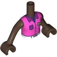 Minidoll Torso Girl with Dark Pink Shirt, White Belt, Magenta Collar, Pocket, Gold ID Badge Print, Umber Brown Arms and Hands / Umber Brown