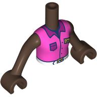 Lego Minidoll Torso Girl with Umber Brown Arms and Hands with Dark Pink Shirt, White Belt, Magenta Collar, Pocket, Gold ID Badge print / Umber Brown