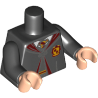 Lego Torso Robe Clasped over Dark Bluish Gray Sweater, Dark Red and Bright Light Orange Tie and Details, and Gryffindor Crest Print, Black Arms, Light Nougat Hands / Black