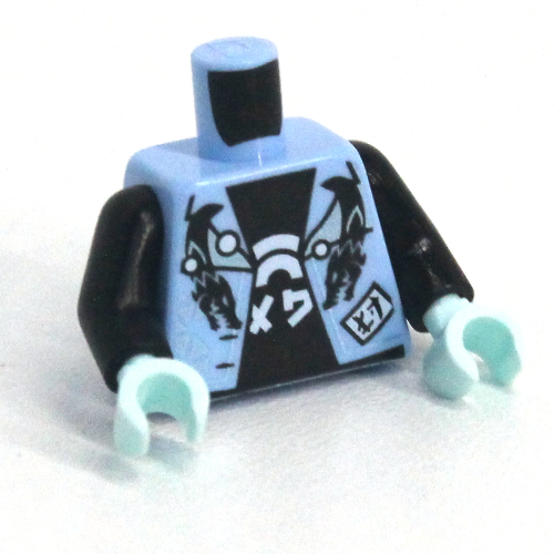 Lego Torso Jacket Vest, Open over Black Undershirt with White Emblem Print, Black Arms, Light Aqua Hands / Bright Light Blue