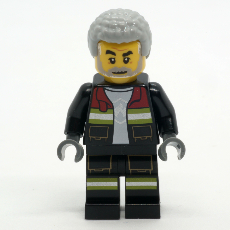 Lego Firefighter, Black Fire Suit with Open Jacket, Light Bluish Gray Hair, Beard