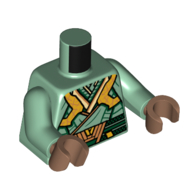 Lego Torso, Robe, Gold Decorations, Dark Green Trim print, Sand Green Arms, Medium Brown Hands / Sand Green
