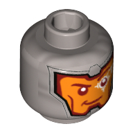 Lego Minifig Head Royal Guard / Soldier, Orange Face, Dark Red Eyebrows, White Head-Up Display (HUD) On Left Eye Print [Hollow Stud] / Flat Silver