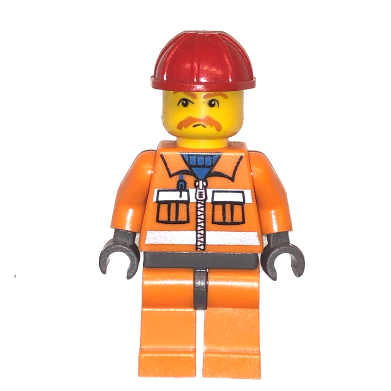 Lego Construction Worker, Orange Jacket with Zipper and Reflective Stripes, Orange Legs, Red Hard Hat, Moustache