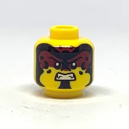 Minifig Head, Dark Red Facepaint, Black Sports, Smile / Angry Showing Teeth Print / Yellow