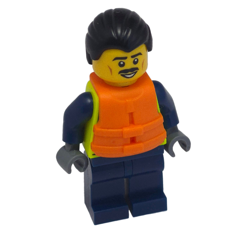 Lego Police Officer, Vibrant Yellow Safety Vest, Dark Blue Legs, Orange Life Jacket