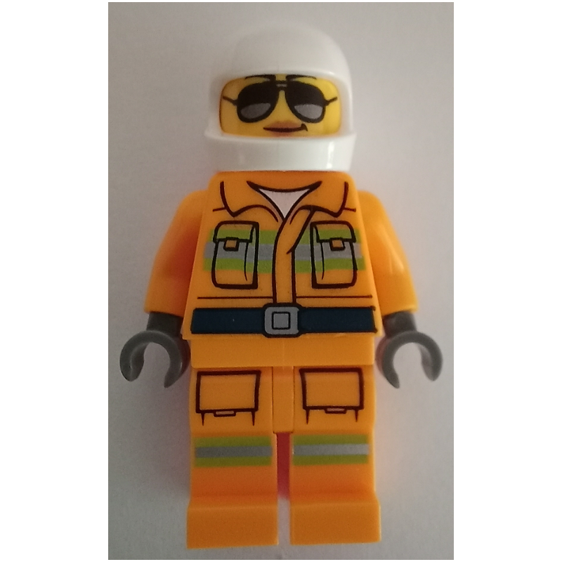 Lego Firefighter, Bright Light Orange Fire Suit, Sunglasses, White Helmet