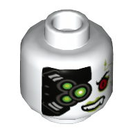 Lego Minifig Head Pola, Cyborg Implants, Red Left Eye / Green Left Eye, Fangs Print / White
