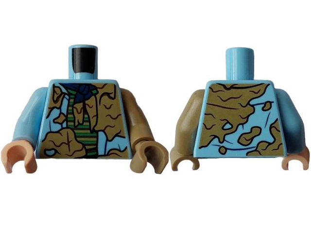 Lego Torso Open Shirt, Striped Undershirt, Dark Blue Bandana, Dark Tan Dirt Stains Pattern / Dark Tan Arm Left / Bright Light Blue Arm Right / Dark Tan Hand Left / Light Nougat Hand Right