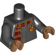 Lego Torso Robe Clasped over Sweater, Dark Red and Bright Light Orange Scarf, Gryffindor Crest Print, Black Arms, Medium Nougat Hands / Black