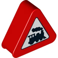 Duplo Brick 1 x 3 x 2 Triangle Road Sign with Steam Engine Print / Red