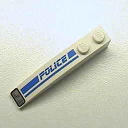 Brick Curved 6 x 1 with 'POLICE', Blue Line and Headlight Print Left / White