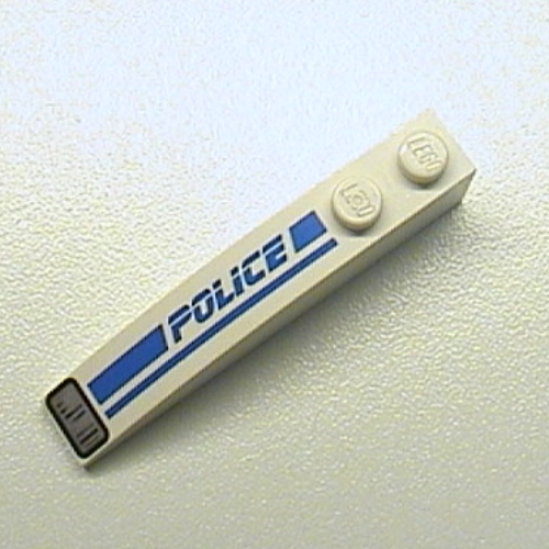 Lego Brick Curved 6 x 1 with 'POLICE', Blue Line and Headlight Print Left / White