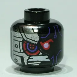 Minifig Head Nindroid, Dark Purple Lines, Red Eye, Gritted Teeth, Silver Armored Right Side / Silver Armored Left Side Print / Black