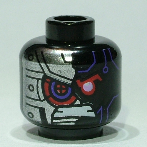 Lego Minifig Head Nindroid, Dark Purple Lines, Red Eye, Gritted Teeth, Silver Armored Right Side / Silver Armored Left Side Print / Black