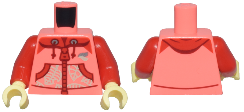 Lego Torso Hoodie with Red Pockets, Zipper, and Hood, Dark Red String Ends, Light Bluish Gray and Silver Waves and Leaves Pattern / Red Arms / Bright Light Yellow Hands