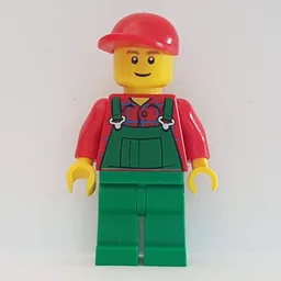 Man, Green Overalls over Red Shirt, Red Cap, Brown Eyebrows, Reddish Brown Eyebrows