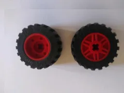 Wheel 18mm D. x 14mm with Axle Hole, Fake Bolts and Shallow Spokes with Black Tire 30.4 x 14 Offset Tread Band Around Center of Tread (55982 / 92402) / Red