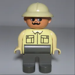 Duplo Figure, Early, Pith Helmet Tan, Dark Gray Legs, Collar and Patch Pockets, Moustache Print / Tan