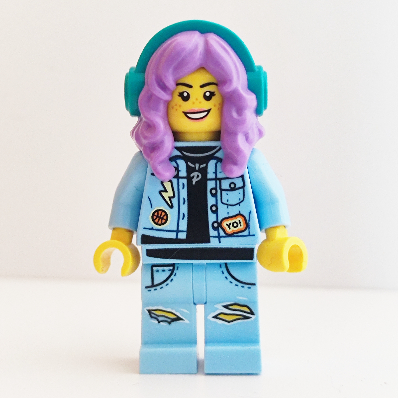 Lego Parker L. Jackson, Bright Light Blue Denim Jacket, Medium Lavender Hair with Headphones