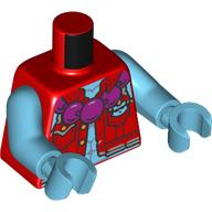 Lego Torso, Jacket, Magenta Bead Necklace, Medium Azure Bare Chest, Silver Symbol on Back print, Medium Azure Arms and Hands / Red
