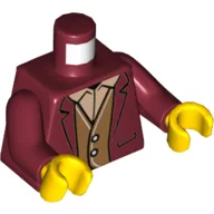 Torso Jacket Open over Medium Nougat Vest and Tan Shirt Print, Dark Red Arms, Yellow Hands