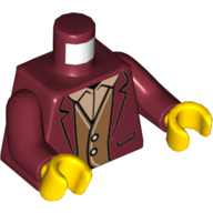 Lego Torso Jacket Open over Medium Nougat Vest and Tan Shirt Print, Dark Red Arms, Yellow Hands / Dark Red