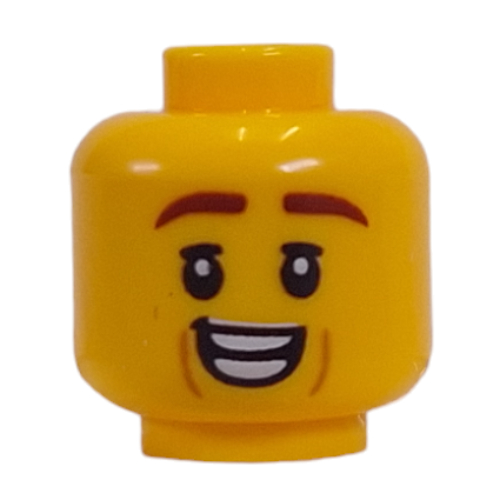 Lego Minifig Head Reddish Brown Eyebrows, Smirk / Nervous Smile print / Yellow