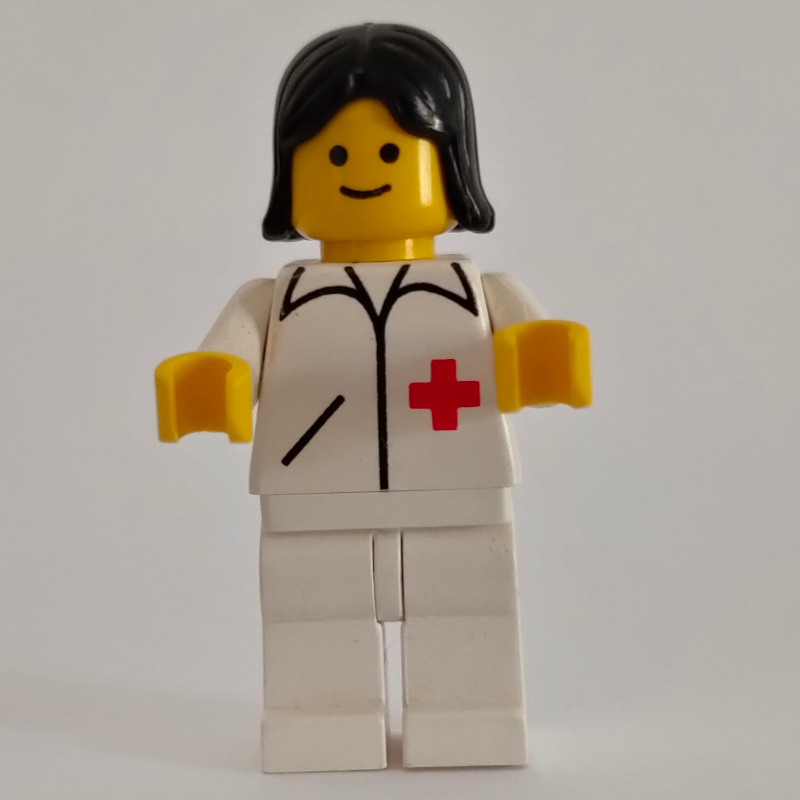 Lego Doctor, Woman, White Jacket with Red Cross, White Legs, Black Hair