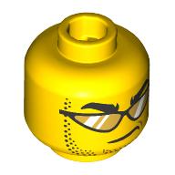 Lego Minifig Head, Thick Black Eyebrows, Stubbled Beard, Smirk, Sunglasses with Gold Glasses / Yellow
