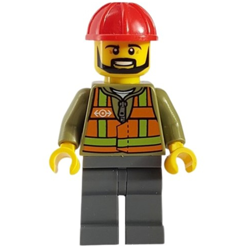 Lego Train Worker, Orange Safety Vest with Train Logo over Olive Green Hoodie, Dark Bluish Gray Legs, Red Hard Hat, Black Beard