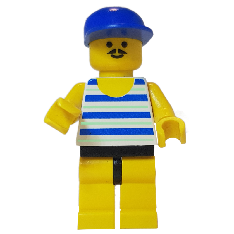 Lego Man Blue and White Striped Swimsuit, Blue Cap, Moustache