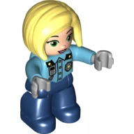 Duplo Figure with Straight Hair with Left Parting Bright Light Yellow, Dark Blue Legs, Police Shirt and Badge Print / Medium Azure