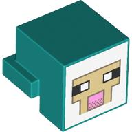 Lego Minifig Head Special, Cube with Rear Ledge, Pixelated White and Tan Face, Dark Tan Outline with Pink Mouth Print / Dark Turquoise
