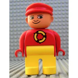 Duplo Figure, Early, with Flat Cap Red, Yellow Legs, Yellow Recycle Logo, Turned Down Nose Print / Red