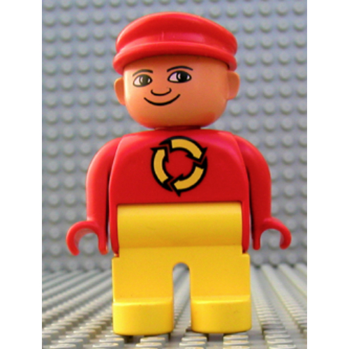 Lego Duplo Figure, Early, with Flat Cap Red, Yellow Legs, Yellow Recycle Logo, Turned Down Nose Print / Red