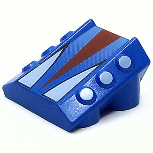 Lego Brick Sloped 2 x 2 No Studs, with 3 Side Pistons Raised Edges and Red and White Triangles Print / Blue