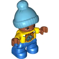 Duplo Figure Child with Knitted Bobble Cap Medium Azure, with Yellow Top with Bib - Medium Nougat Face and Hands - Blue Legs / Yellow