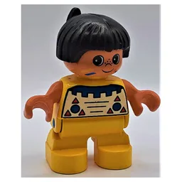 Duplo Figure, Early Child, Hair with Feather Black, Yellow Legs, Native American Decorations Print / Yellow
