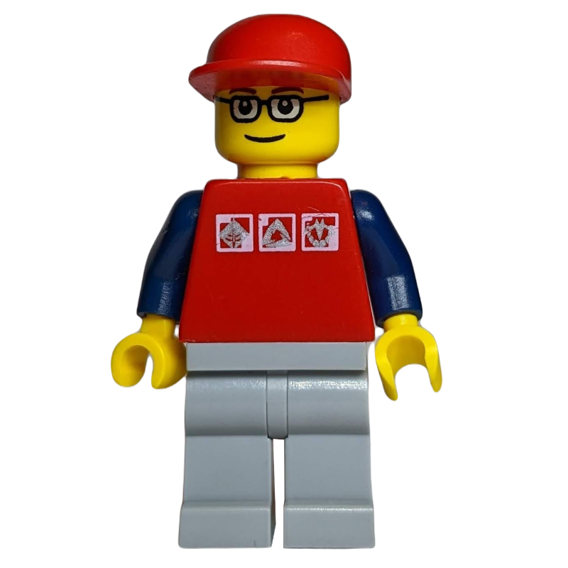 Lego Man, Red Shirt with Dark Blue Arms, Red Cap, Glasses